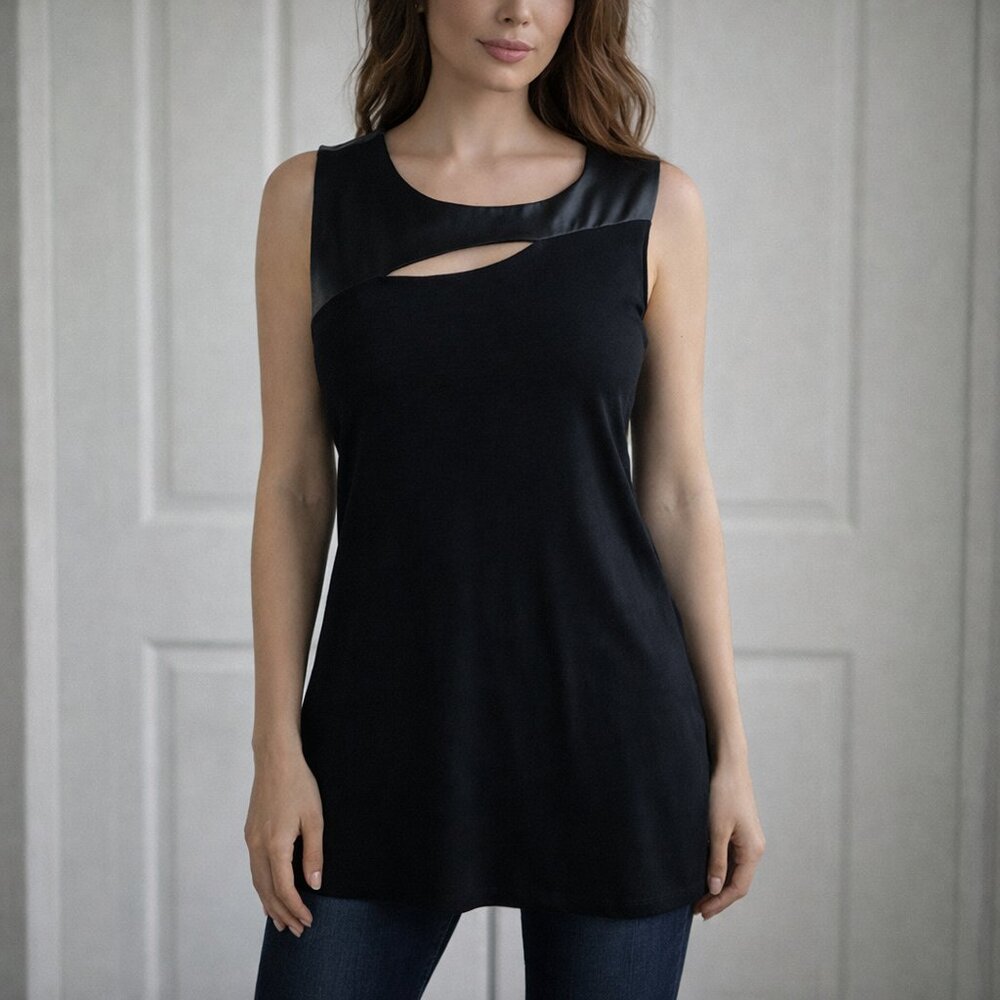 Ro & De Black Faux Leather on Top Cut Out Front Tank Top Blouse M